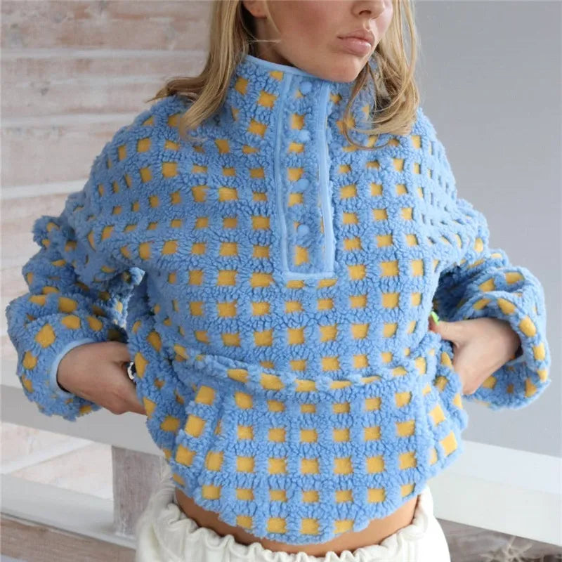 Cozy Checkered Sherpa Long Sleeve Pullover With Stand Collar