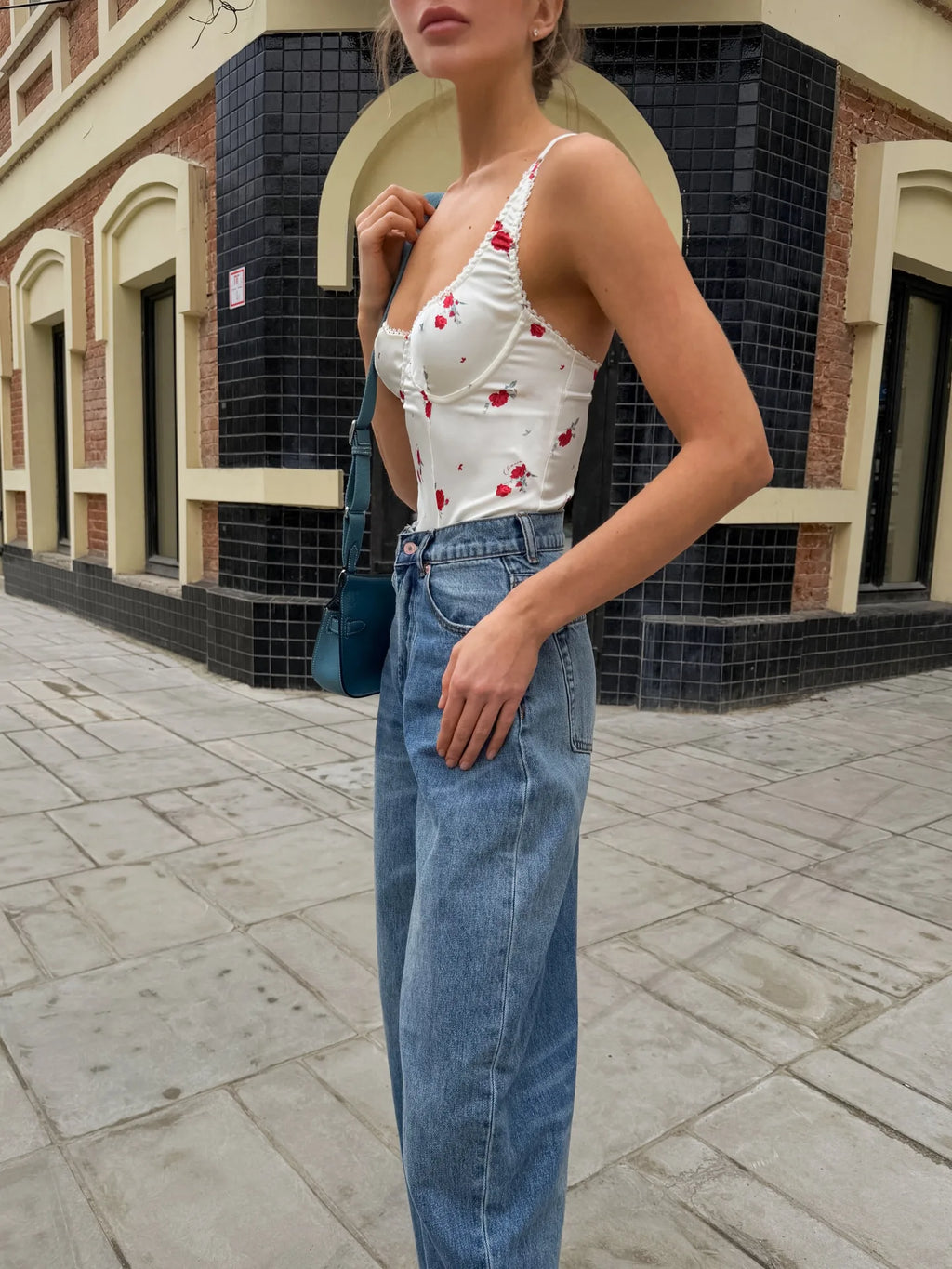 U Neck Lace Suspender Backless Top Floral Print