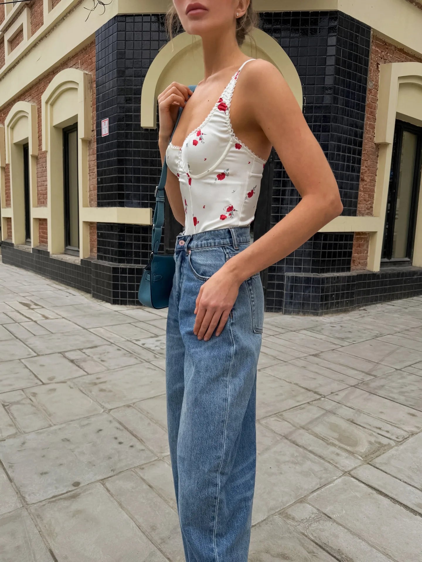 U Neck Lace Suspender Backless Top Floral Print