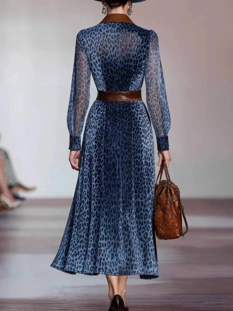 Leopard Print Mesh Dress With Colorblock Panels Elegant Vintage Long Sleeve