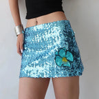 Shimmer Sequin Mini Skirt With 3D Flower Trim