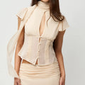 Sheer French-Style Chiffon Shirt with Ribbon Stand Collar Hollow-Out Front Placket Buttoned Waist-Cinching Short Top with Small Flutter Sleeves
