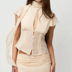 Sheer French-Style Chiffon Shirt with Ribbon Stand Collar Hollow-Out Front Placket Buttoned Waist-Cinching Short Top with Small Flutter Sleeves