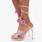 Crystal Flower High Heels With Ankle Strap Strappy Thin Sandals