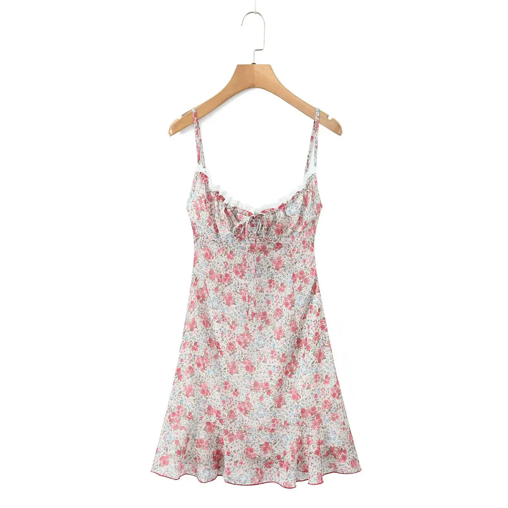 Floral Print Sexy Sling Mini Women Lace Spliced O Neck A-line Dress