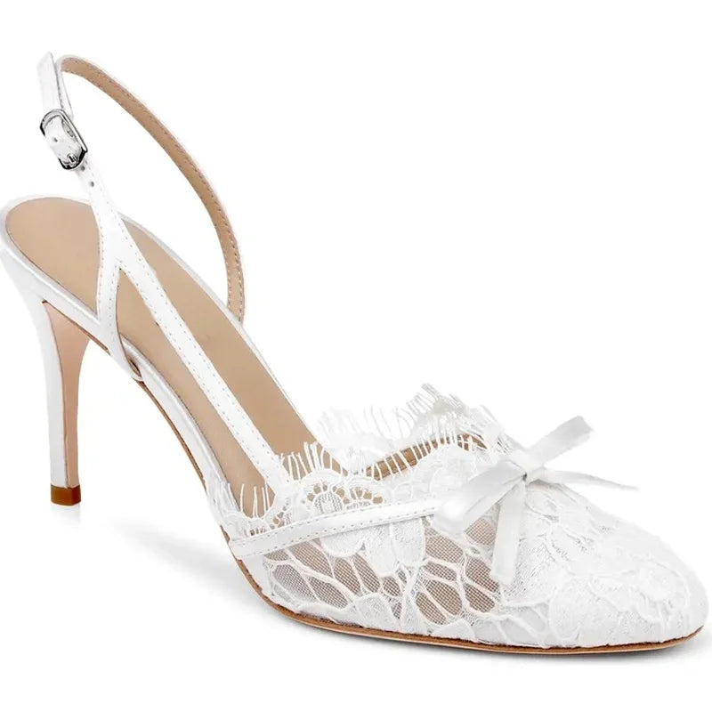 Butterfly Knot Lace Shingback Sandals With Buckle Strap Pointed Toe Slim Heels