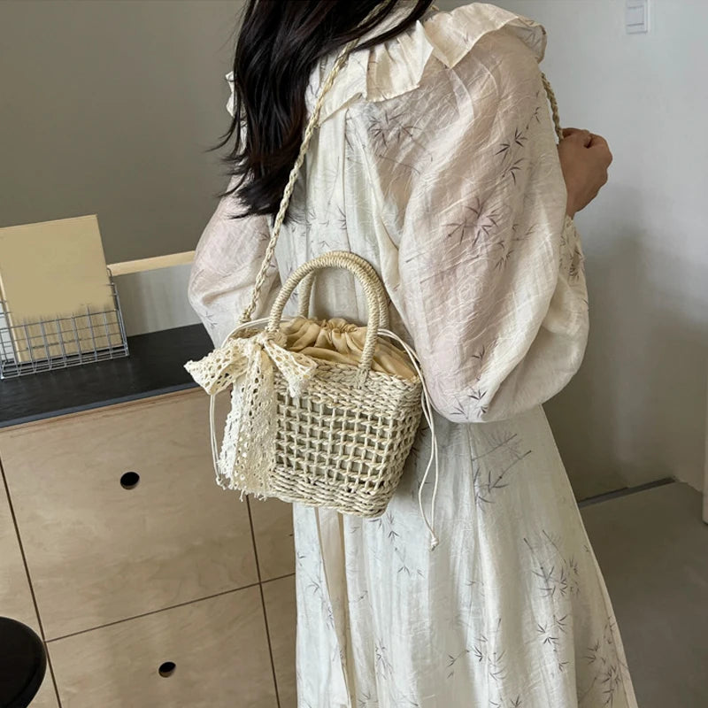 Lace Bow Straw Weave Crossbody Bag Summer Beach Style Small Bucket Elegant And Lightweight
