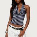 Striped Lace Up Halter Crop Tank With Open Back