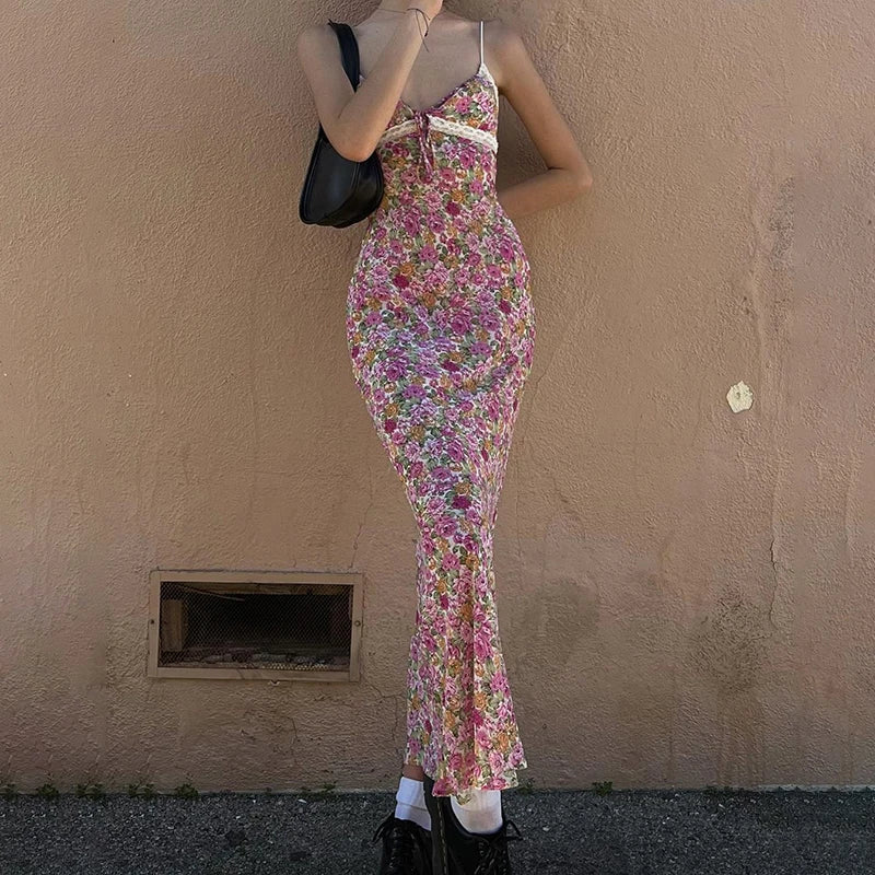 Floral Lace Trim Spaghetti Strap Maxi Dress