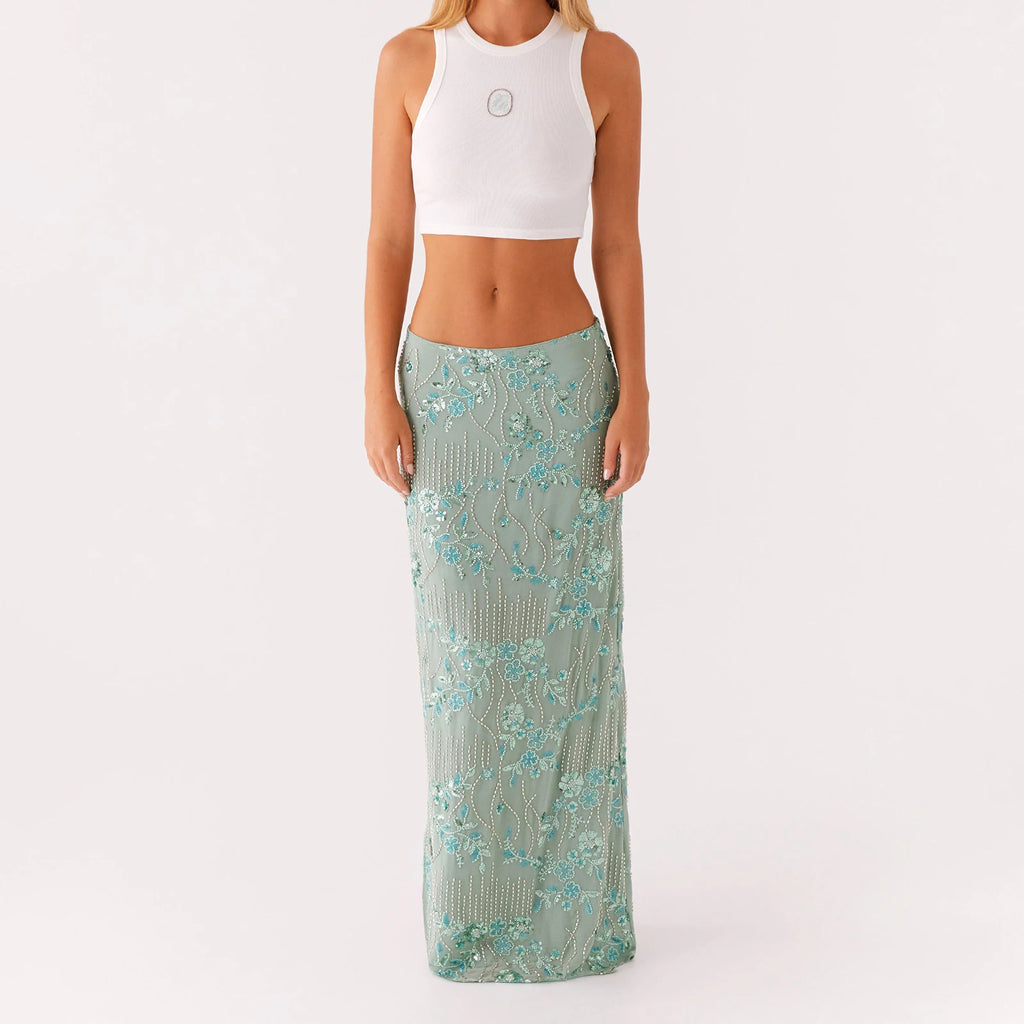 Elegant Beaded Sequin Maxi Skirt With Floral Embroidery