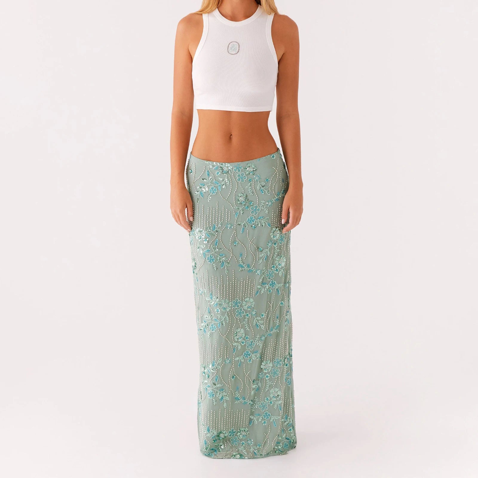 Elegant Beaded Sequin Maxi Skirt With Floral Embroidery