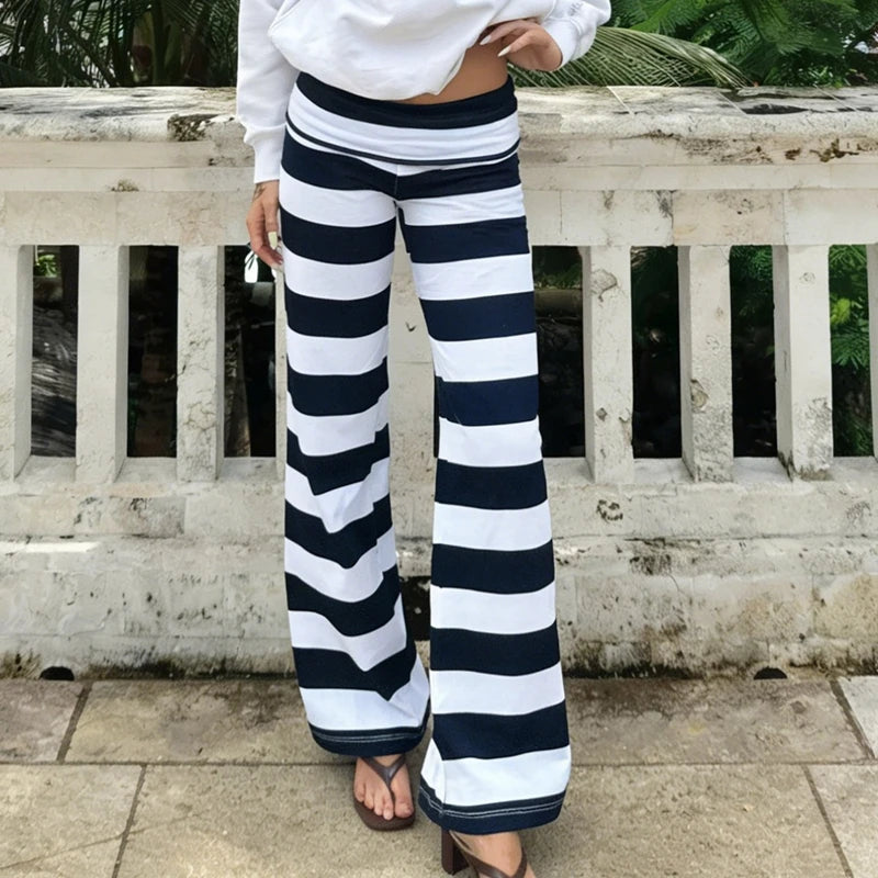 Striped Fold Over Lounge Pants For Women Wide Leg Flare Trousers Cozy Relaxed