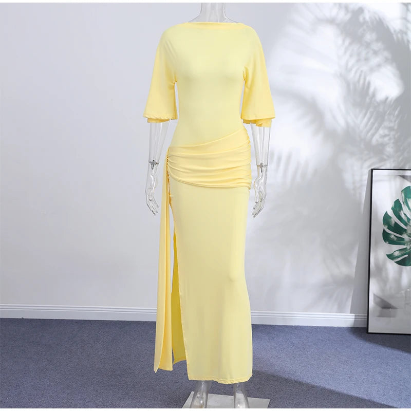 Backless Party Maxi Dress With O Neck Slim Pleated Ribbon Detail