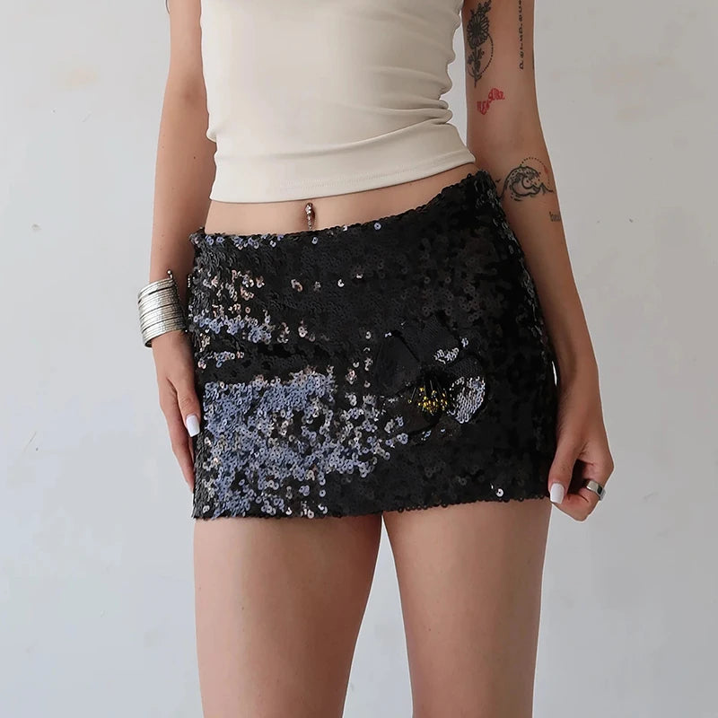 Shimmer Sequin Mini Skirt With 3D Flower Trim