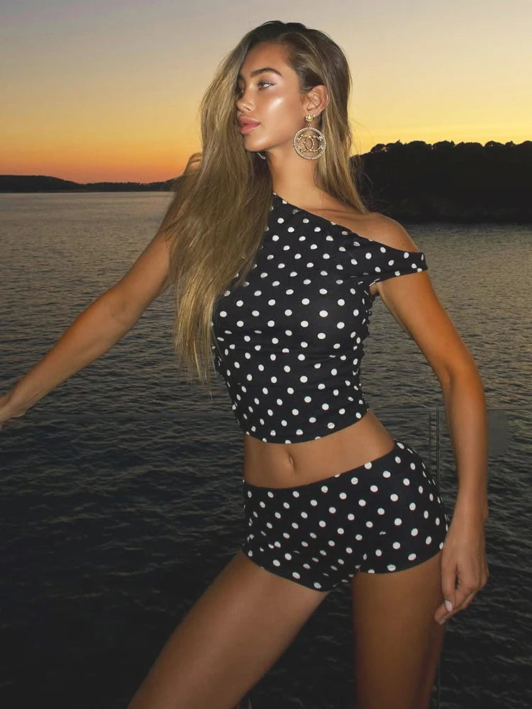 Polka Dot Two-piece Set With Cropped Top And Skinny Shorts