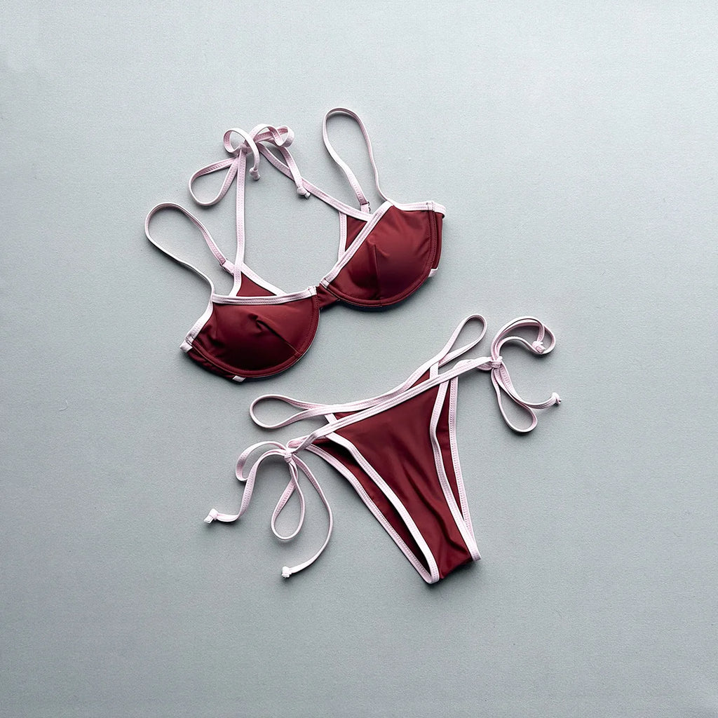 Patchwork Push Up Micro Bikinis Set Ttwo Piece Halter Tie Thong