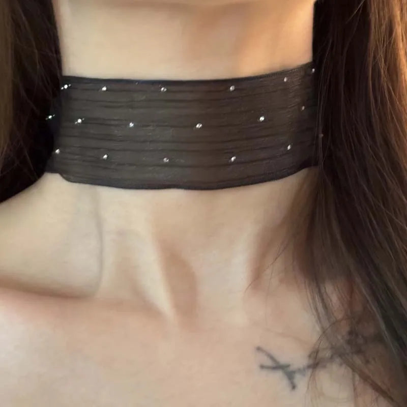 Midnight Mesh Choker Necklace With Crystal Accents For Elegant Night Out Mood And Subtle Glam
