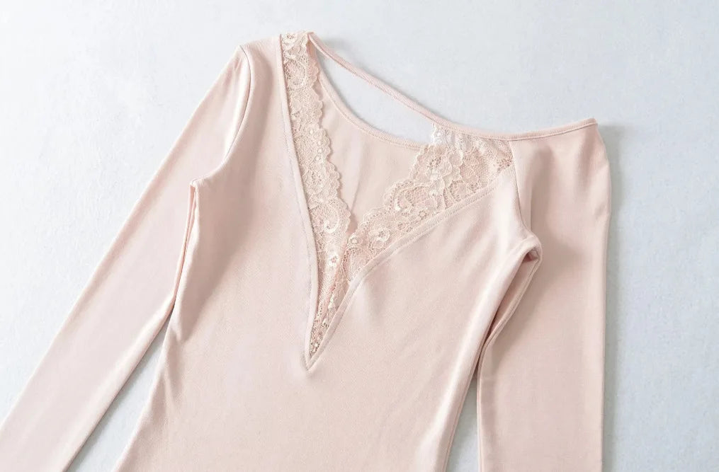 Soft Cotton Long Sleeve Lace Trim V Neck Top Feminine Style