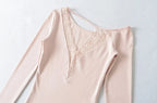 Soft Cotton Long Sleeve Lace Trim V Neck Top Feminine Style