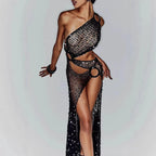 Sexy Sequin Hollow Out Knit Maxi Dress With One Shoulder Front Split Gown