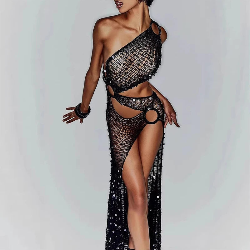 Sexy Sequin Hollow Out Knit Maxi Dress With One Shoulder Front Split Gown
