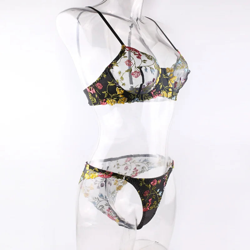 Countryside Embroidered Lingerie Set With Floral Patchwork Bra And Panty Details