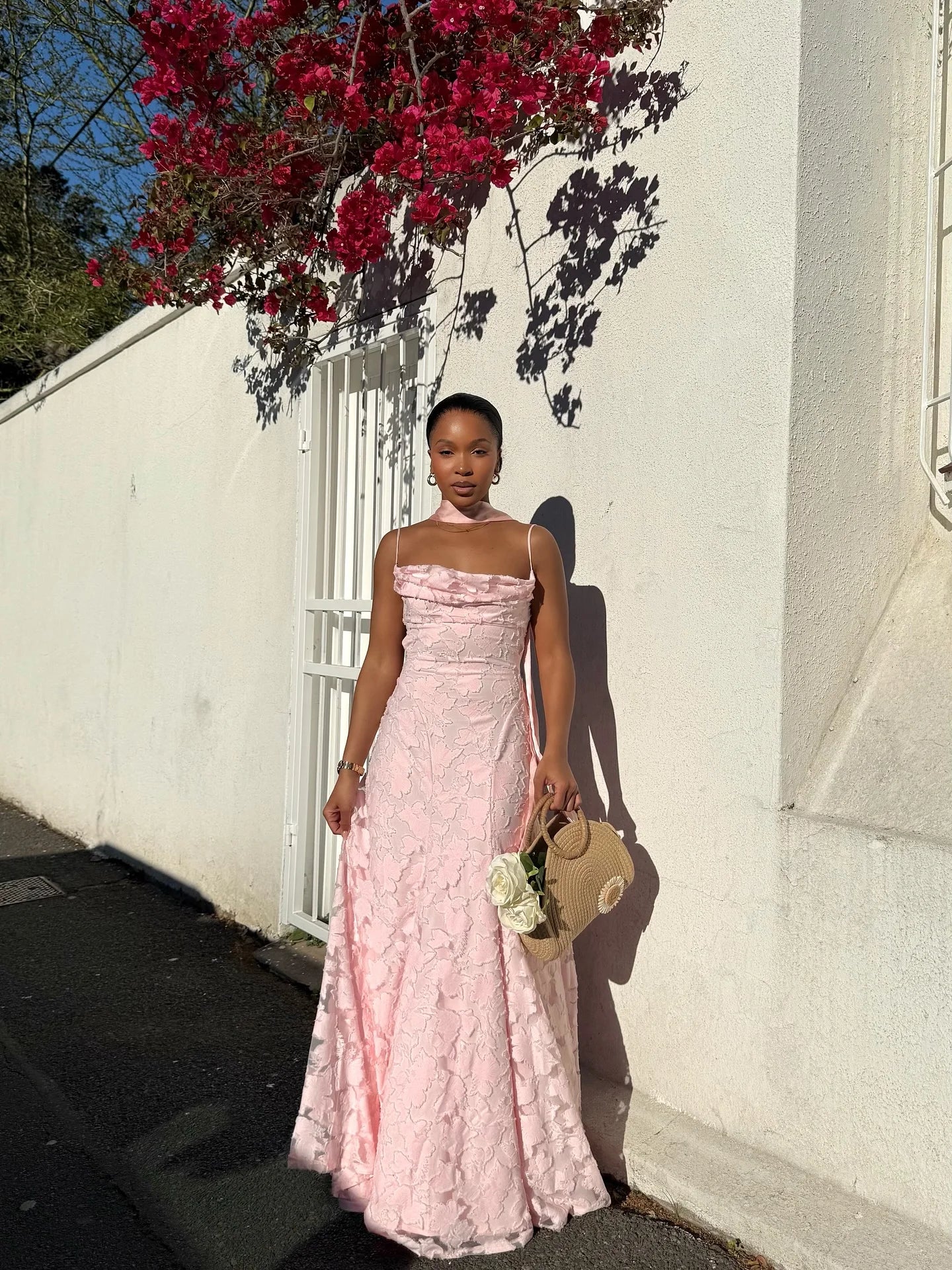Romantic Floral Jacquard Maxi Dress With Spaghetti Straps Ruched