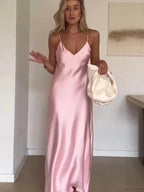 Sling Long Dress With V Neck Backless Elegant Sleeveless