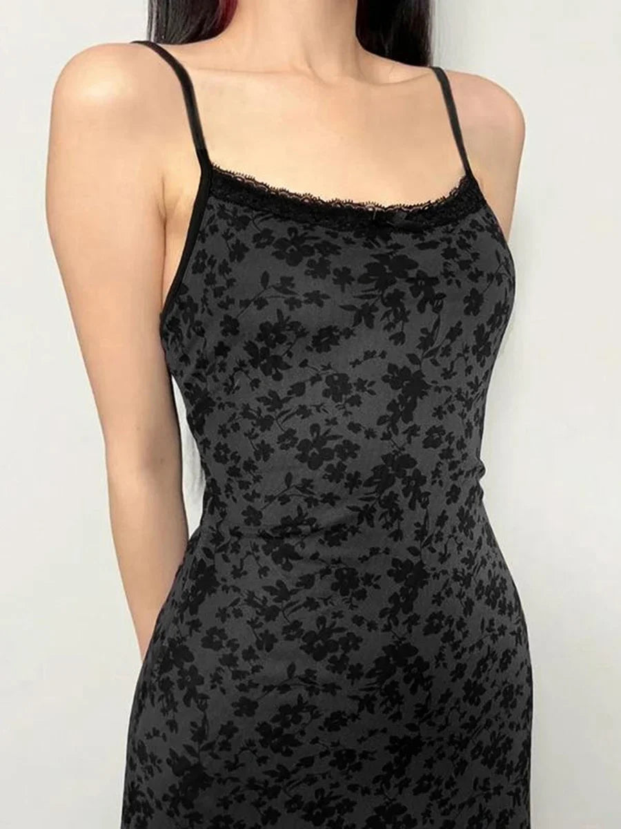Floral Lace Trim Cami Maxi Dress Elegant Sleeveless Silhouette