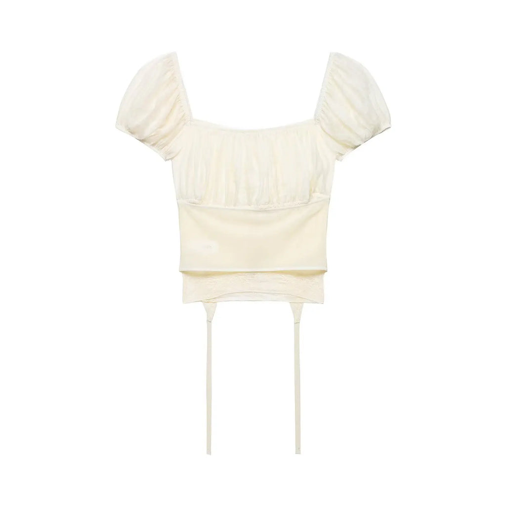Female Slim Fit Square Neck Puff Sleeve Lace Ruched Corset Waist Short Blouse
