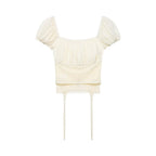 Female Slim Fit Square Neck Puff Sleeve Lace Ruched Corset Waist Short Blouse