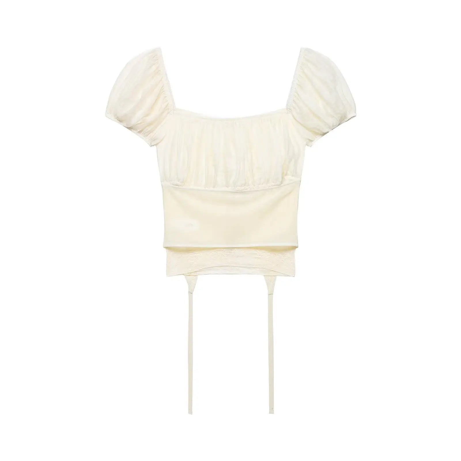 Female Slim Fit Square Neck Puff Sleeve Lace Ruched Corset Waist Short Blouse