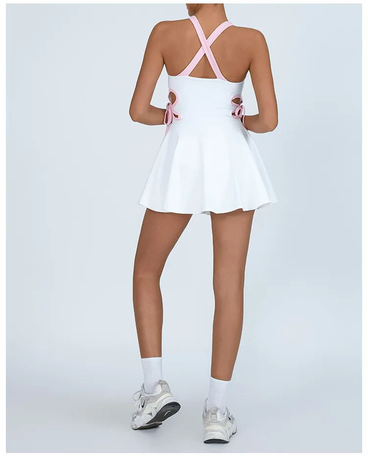 Tennis Dress Women with Separate Shorts White Contrast Hollowed Out Drawstring Side Sports Yoga Dress Training Running Fitness