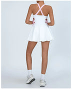 Tennis Dress Women with Separate Shorts White Contrast Hollowed Out Drawstring Side Sports Yoga Dress Training Running Fitness