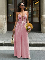 Sea Breeze Striped Deep V Beach Dress With Backless Sleeveless Maxi