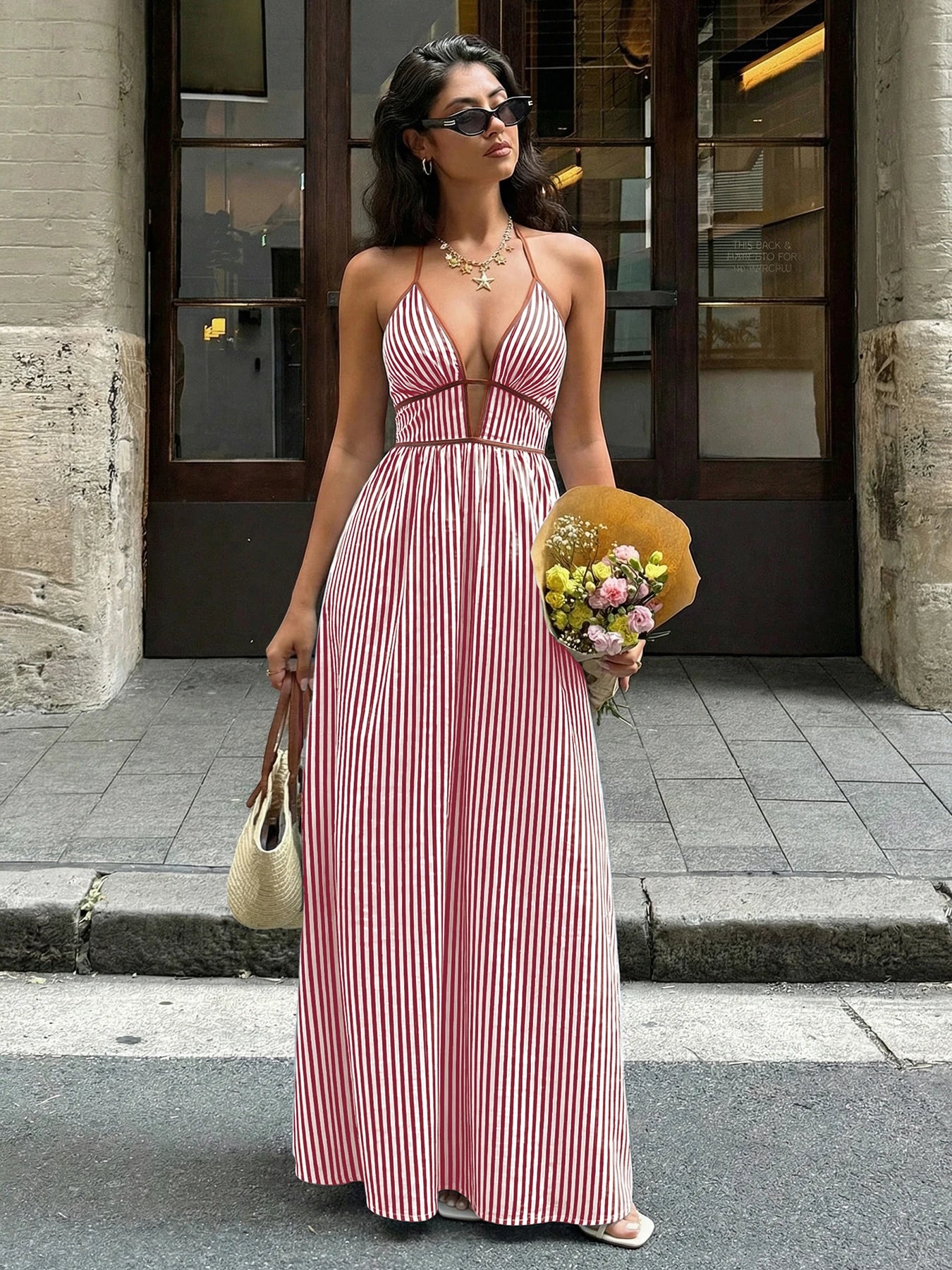 Sea Breeze Striped Deep V Beach Dress With Backless Sleeveless Maxi