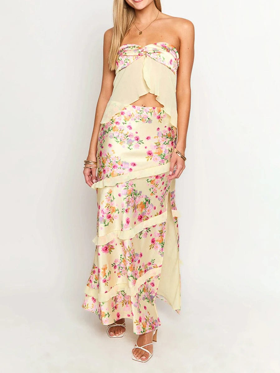Off Shoulder Two Piece Tube Top And Layered Ruffle Maxi Skirt Set