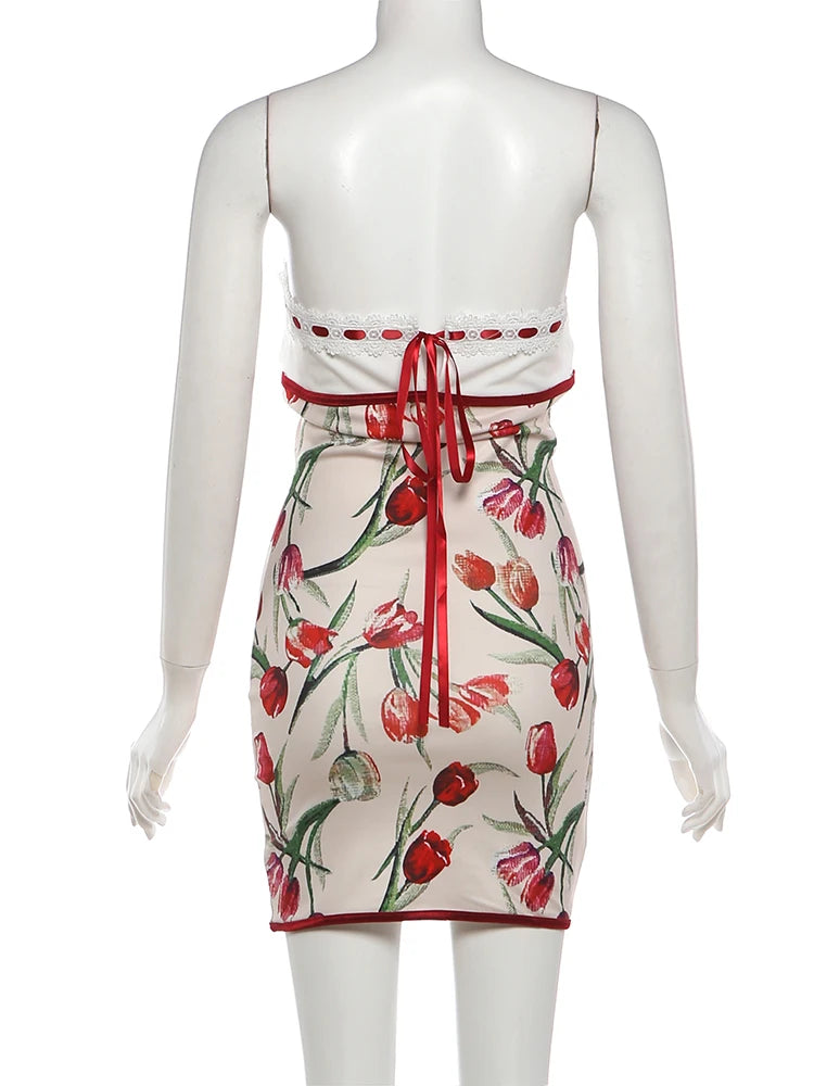 Ribbon Bow Women Lace Patchwork Art Print Folds Mini Body-con Dress