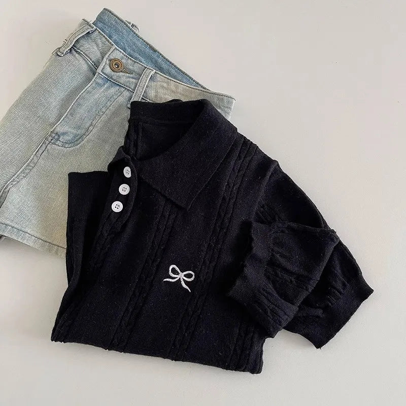 Sweet Bow Embroidered Knitted Polo Shirt For Women Short Sleeve