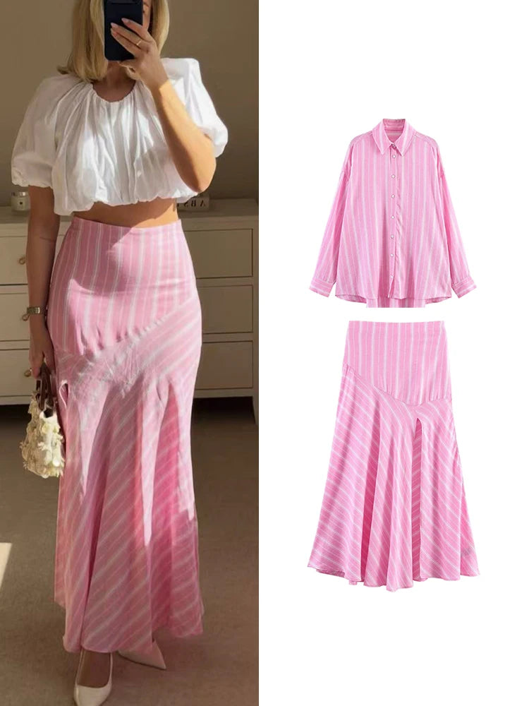 Pink Stripe Shirt Set With Pleated Long Skirt Elegant Two Piece Suit