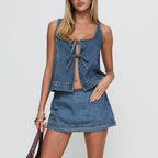 Denim Tie-Front Top And Mini Skirt Set With Square Neck