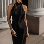 Satin Halter Backless Maxi Dress With Ribbon Tie Sleeveless Evening Gown