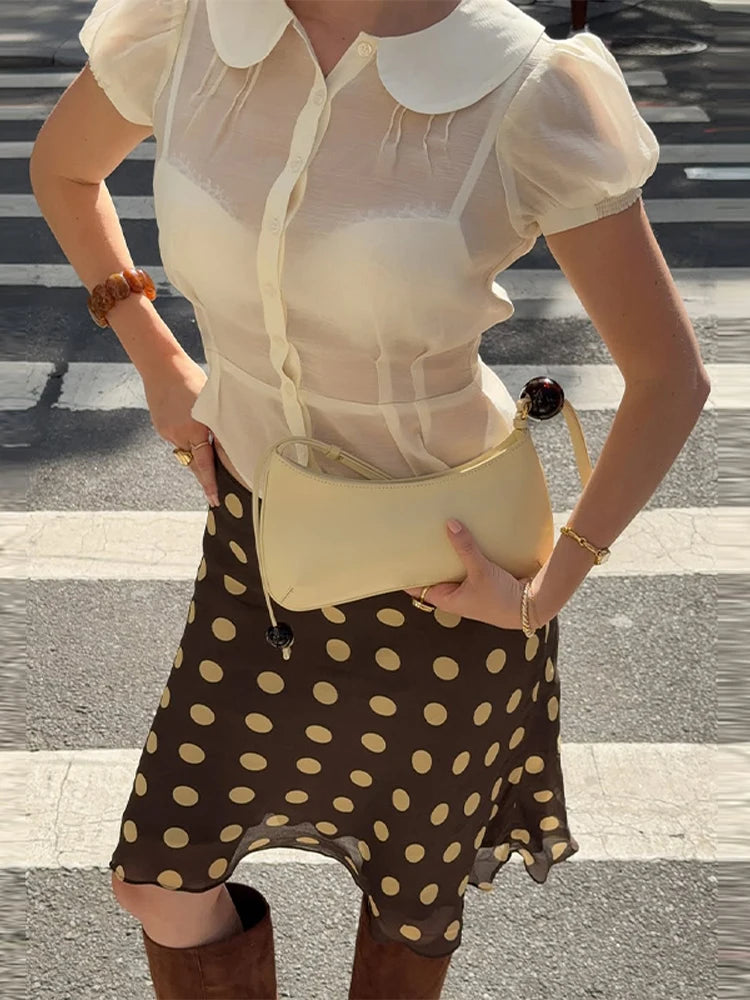 Polka Dot Satin Mesh Midi Skirt With High Waist A Line