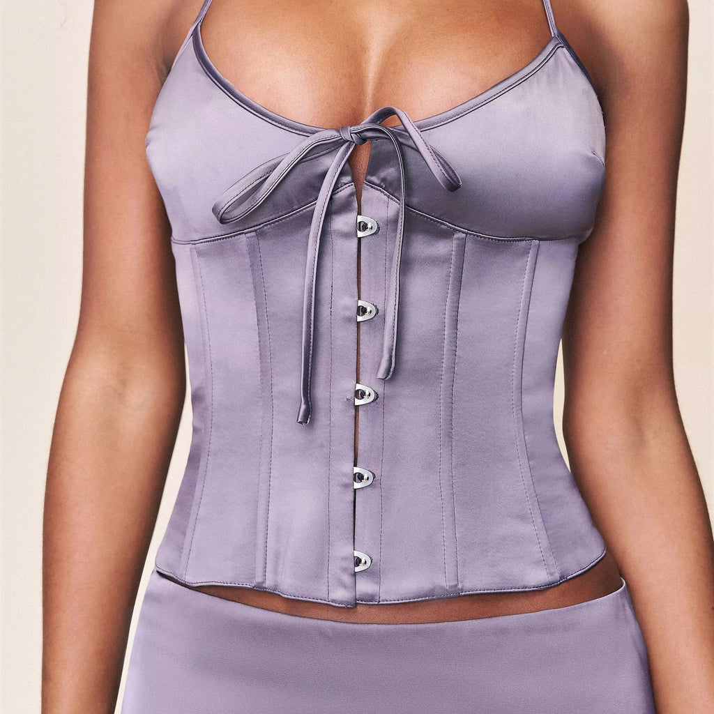 Gunmetal Satin Corset Top With Halter Neck Waist Cinching Fit Purple Gray Shine