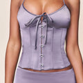 Gunmetal Satin Corset Top With Halter Neck Waist Cinching Fit Purple Gray Shine