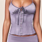 Gunmetal Satin Corset Top With Halter Neck Waist Cinching Fit Purple Gray Shine