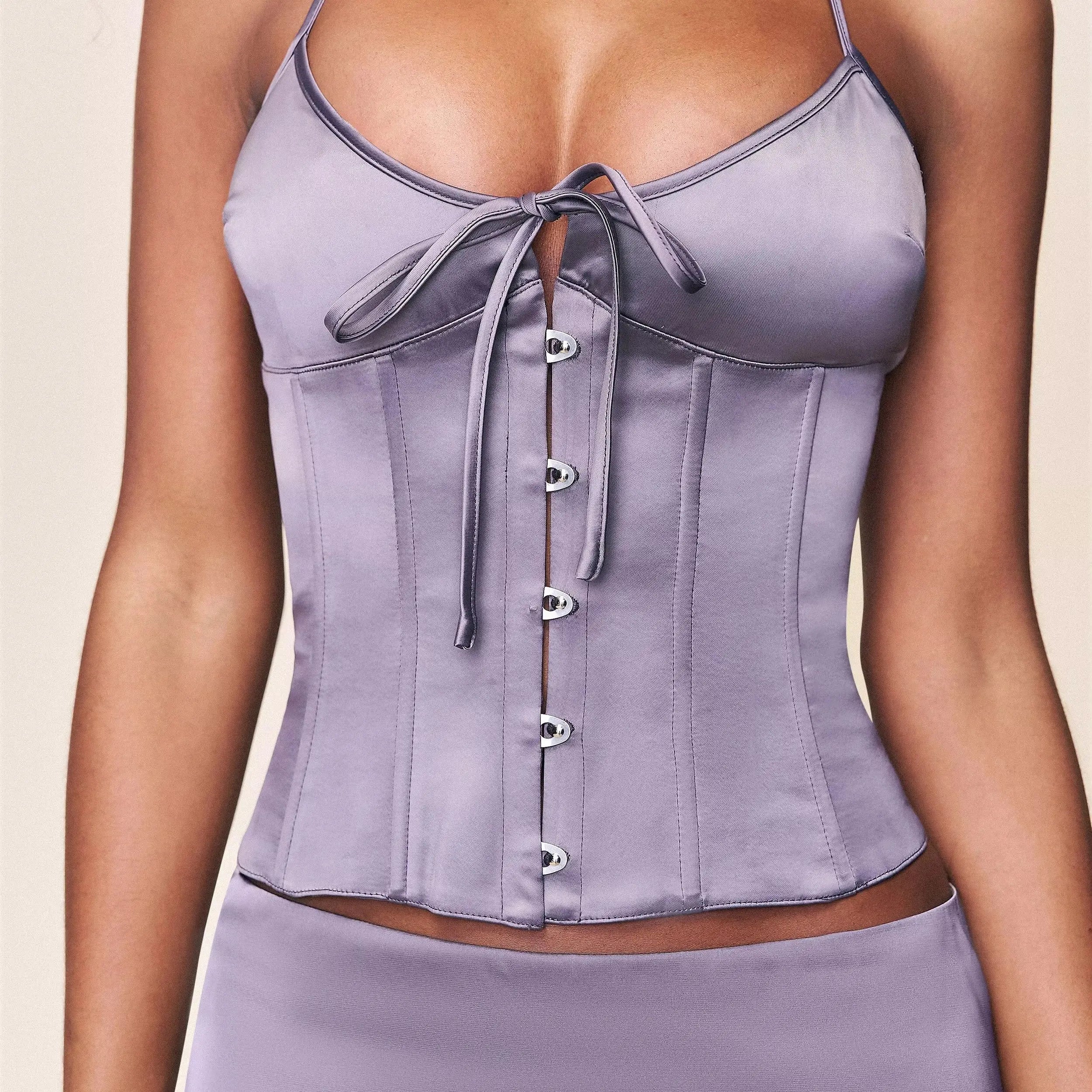 Gunmetal Satin Corset Top With Halter Neck Waist Cinching Fit Purple Gray Shine