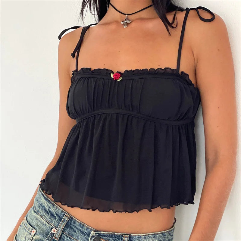 Floral Bow Detail Spaghetti Strap Cami Sleeveless Top