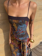 Dreamy Tie Dye Maxi Dress With Spaghetti Straps And Ruched Waist Sash Accent Breezy Vintage Style