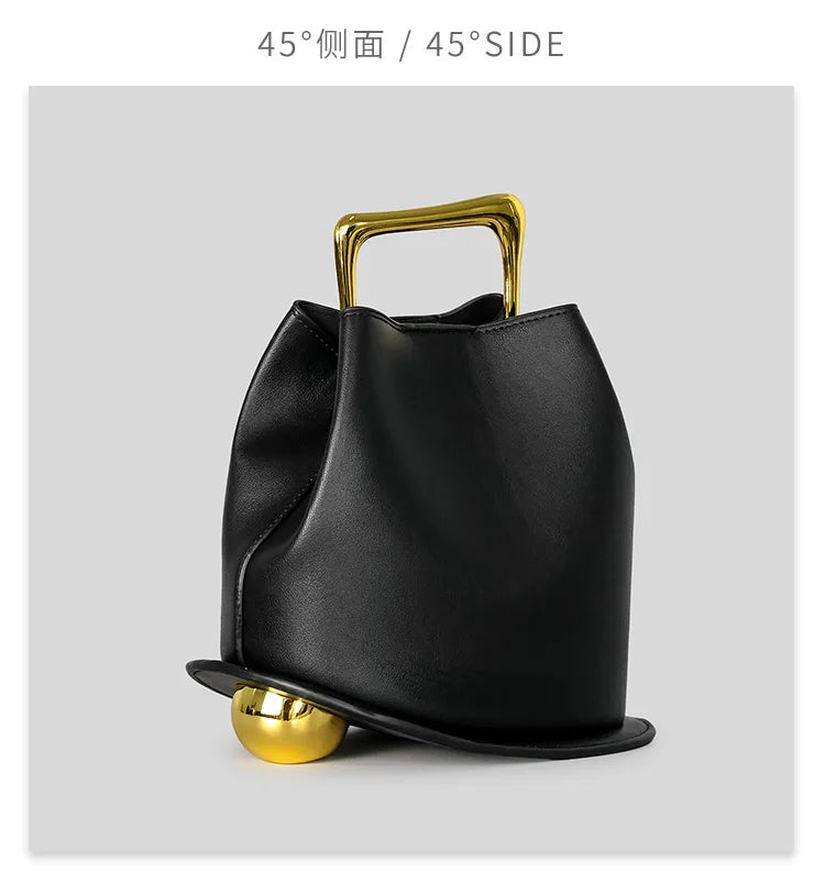 Gold Metallic Irregular Bucket Bag With Ball Base Leather Tote